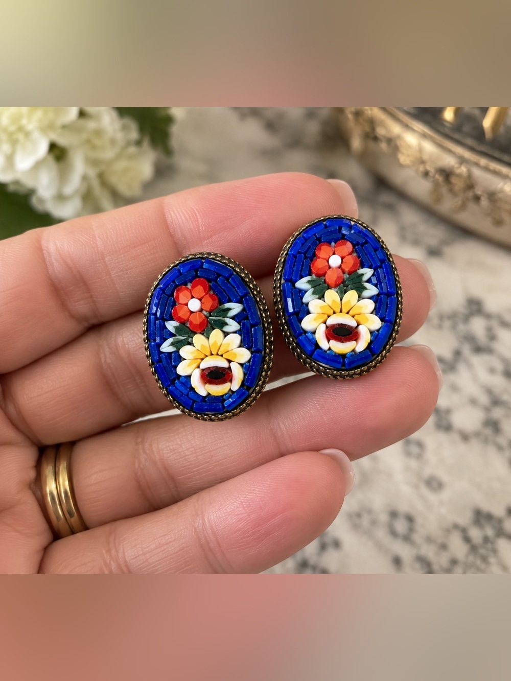 Signed Vintage Italian Micromosaic Floral Clip-On Earrings Italy